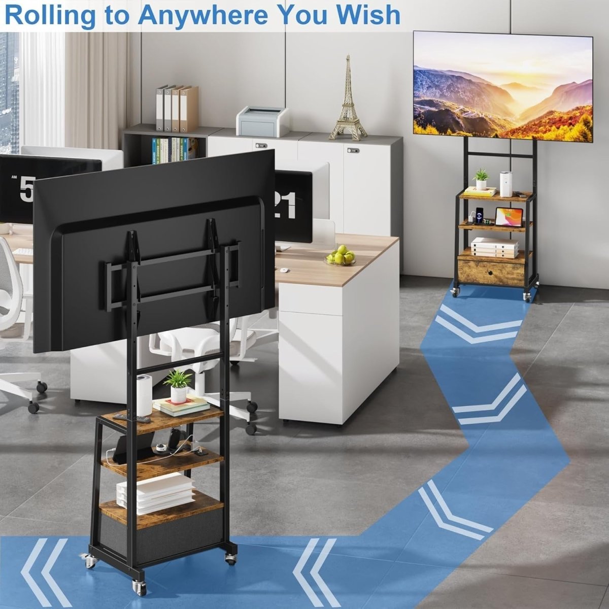 Adjustable Rolling TV Stand with Mount, Drawer Storage & Power Outlets L - Kwikley