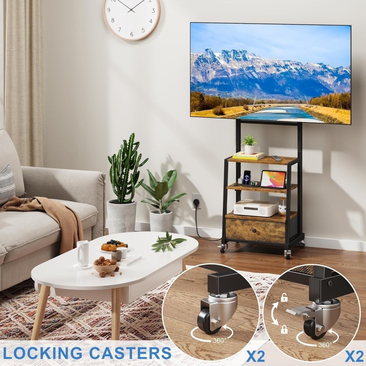 Adjustable Rolling TV Stand with Mount, Drawer Storage & Power Outlets L - Kwikley