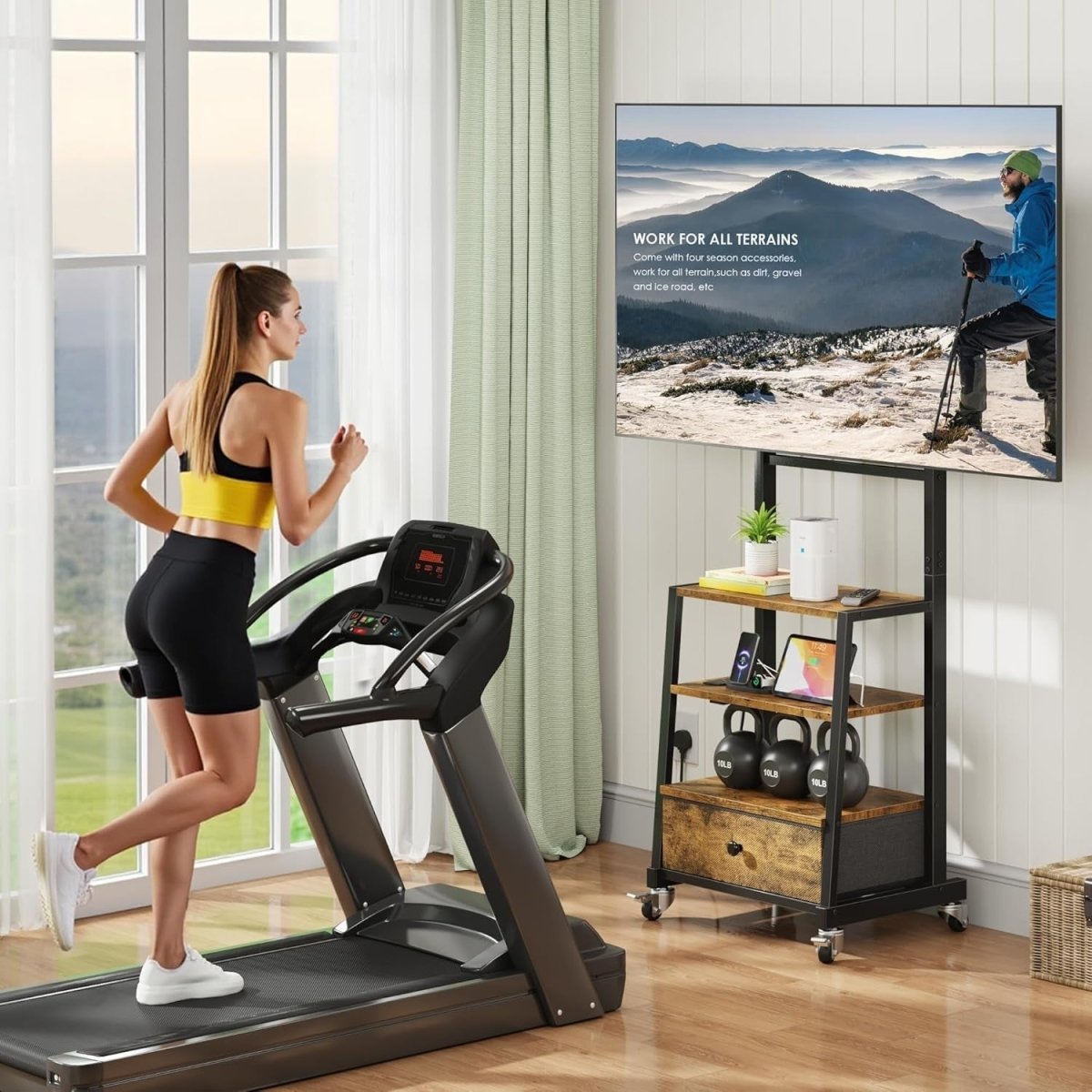 Adjustable Rolling TV Stand with Mount, Drawer Storage & Power Outlets L - Kwikley