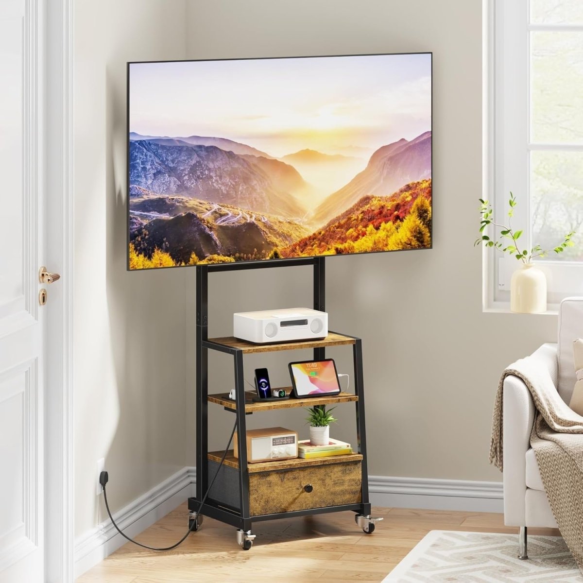 Adjustable Rolling TV Stand with Mount, Drawer Storage & Power Outlets L - Kwikley