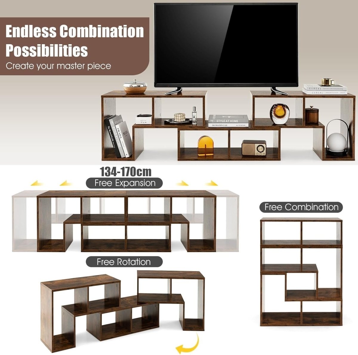 Adjustable Rustic Brown TV Stand up to 65" | Modular Storage & Display Shelf - Kwikley