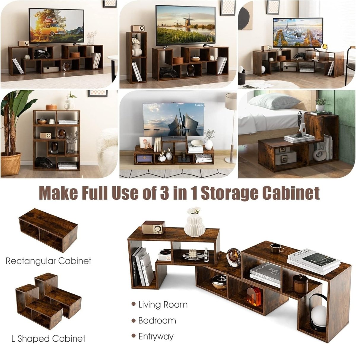 Adjustable Rustic Brown TV Stand up to 65" | Modular Storage & Display Shelf - Kwikley