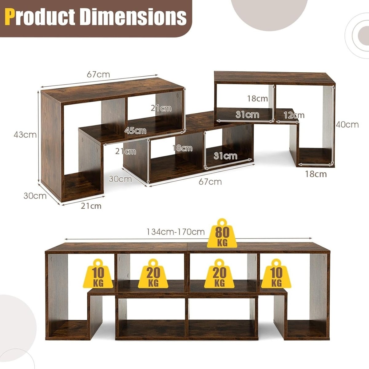 Adjustable Rustic Brown TV Stand up to 65" | Modular Storage & Display Shelf - Kwikley
