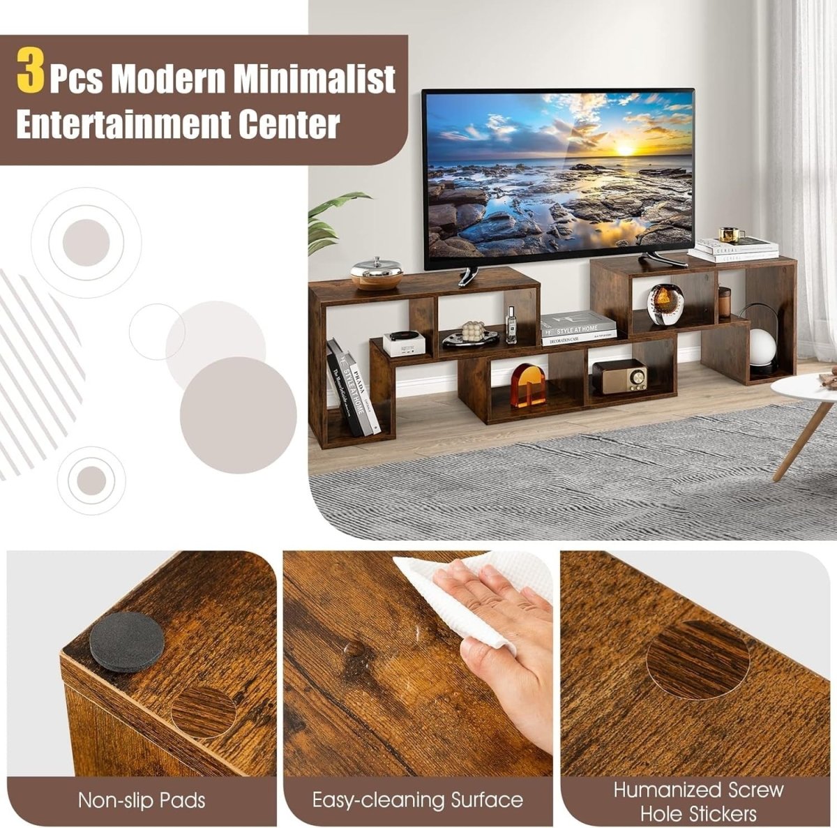 Adjustable Rustic Brown TV Stand up to 65" | Modular Storage & Display Shelf - Kwikley