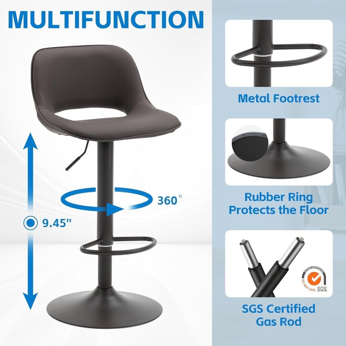 Adjustable Swivel Bar Stools 2pcs Faux Leather Counter Height Brown - Kwikley