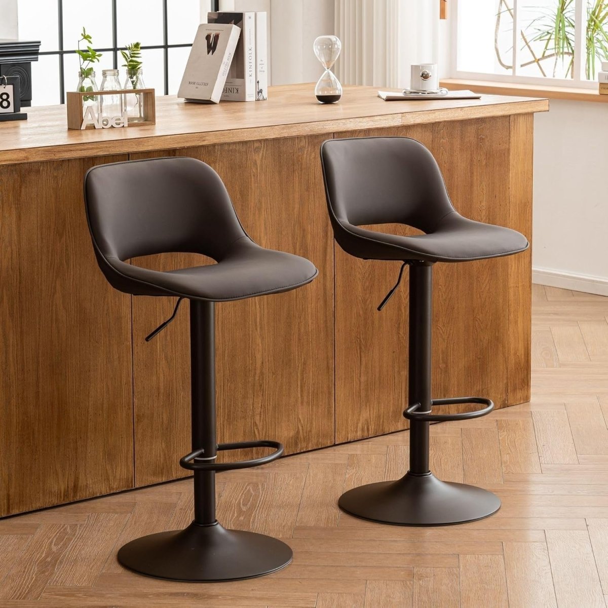 Adjustable Swivel Bar Stools 2pcs Faux Leather Counter Height Brown - Kwikley
