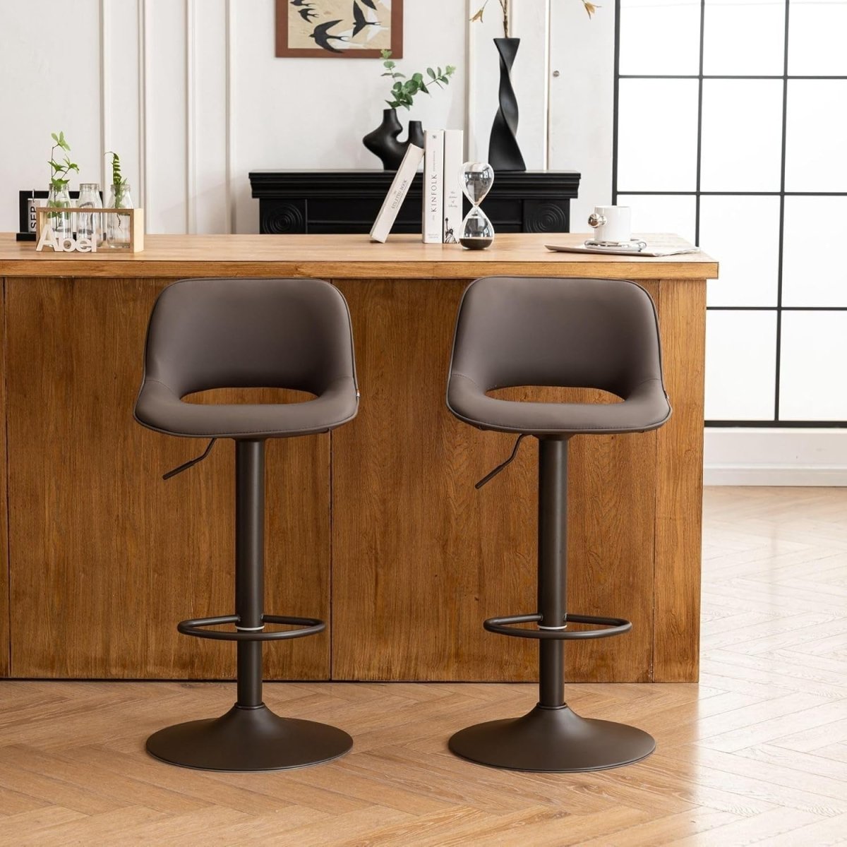 Adjustable Swivel Bar Stools 2pcs Faux Leather Counter Height Brown - Kwikley