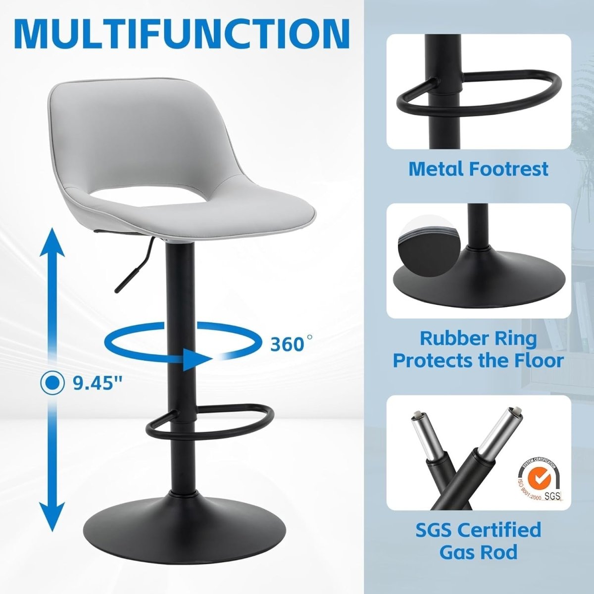 Adjustable Swivel Bar Stools 2pcs Faux Leather Counter Height Grey - Kwikley
