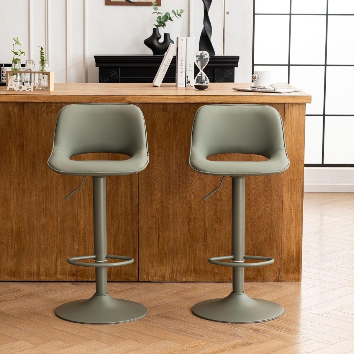 Adjustable Swivel Bar Stools 2pcs Faux Leather Counter Height Olive Green - Kwikley