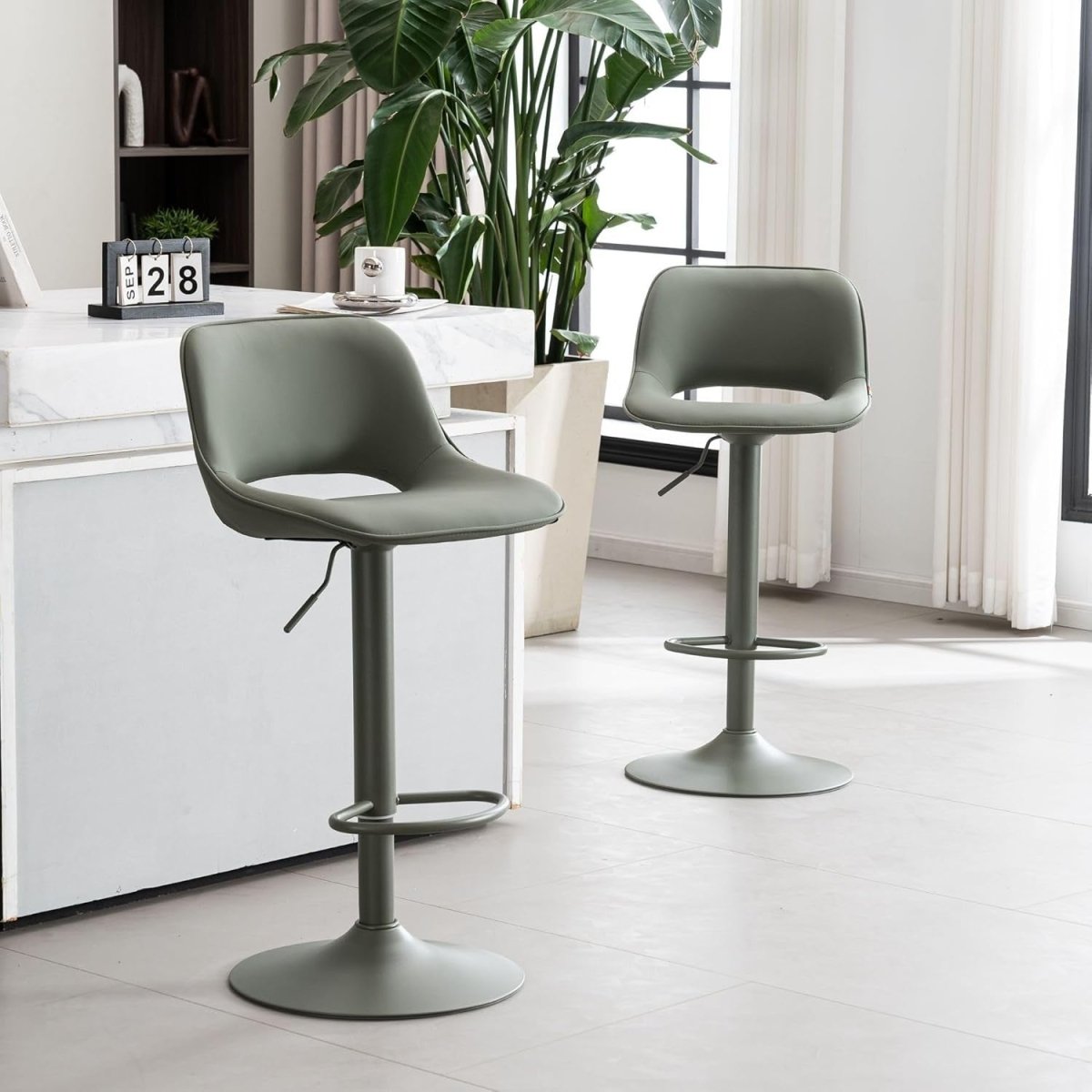 Adjustable Swivel Bar Stools 2pcs Faux Leather Counter Height Olive Green - Kwikley