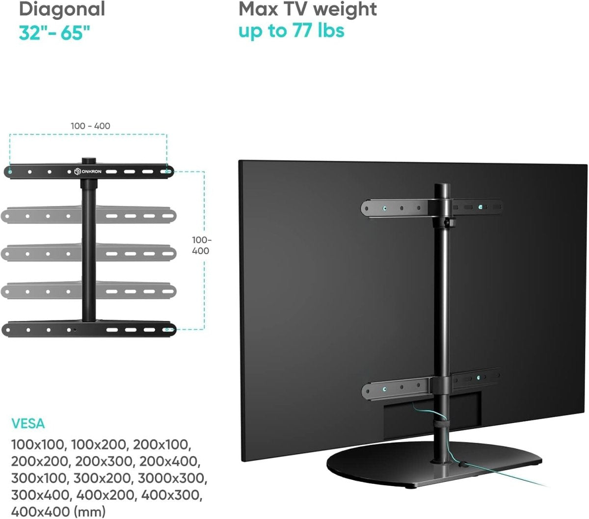 Adjustable Swivel TV Stand for 32-65" TVs, Glass Top, 35kg Load Capacity - Kwikley