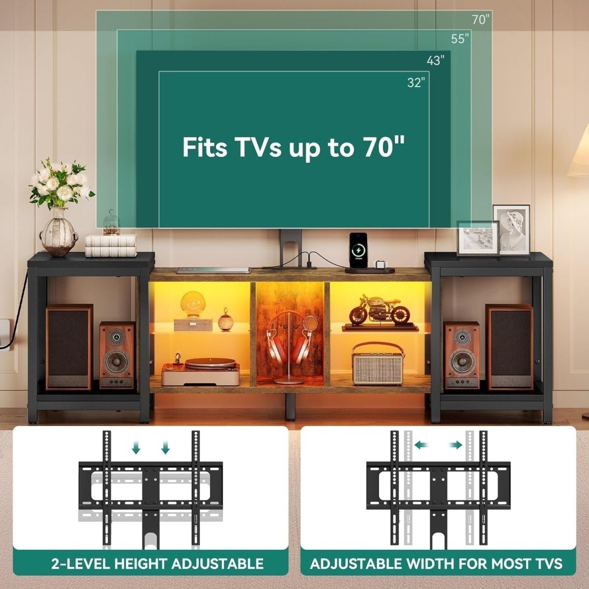 Adjustable TV Stand 70" RGB LED Lights Cabinet Storage Modern Unit - Kwikley