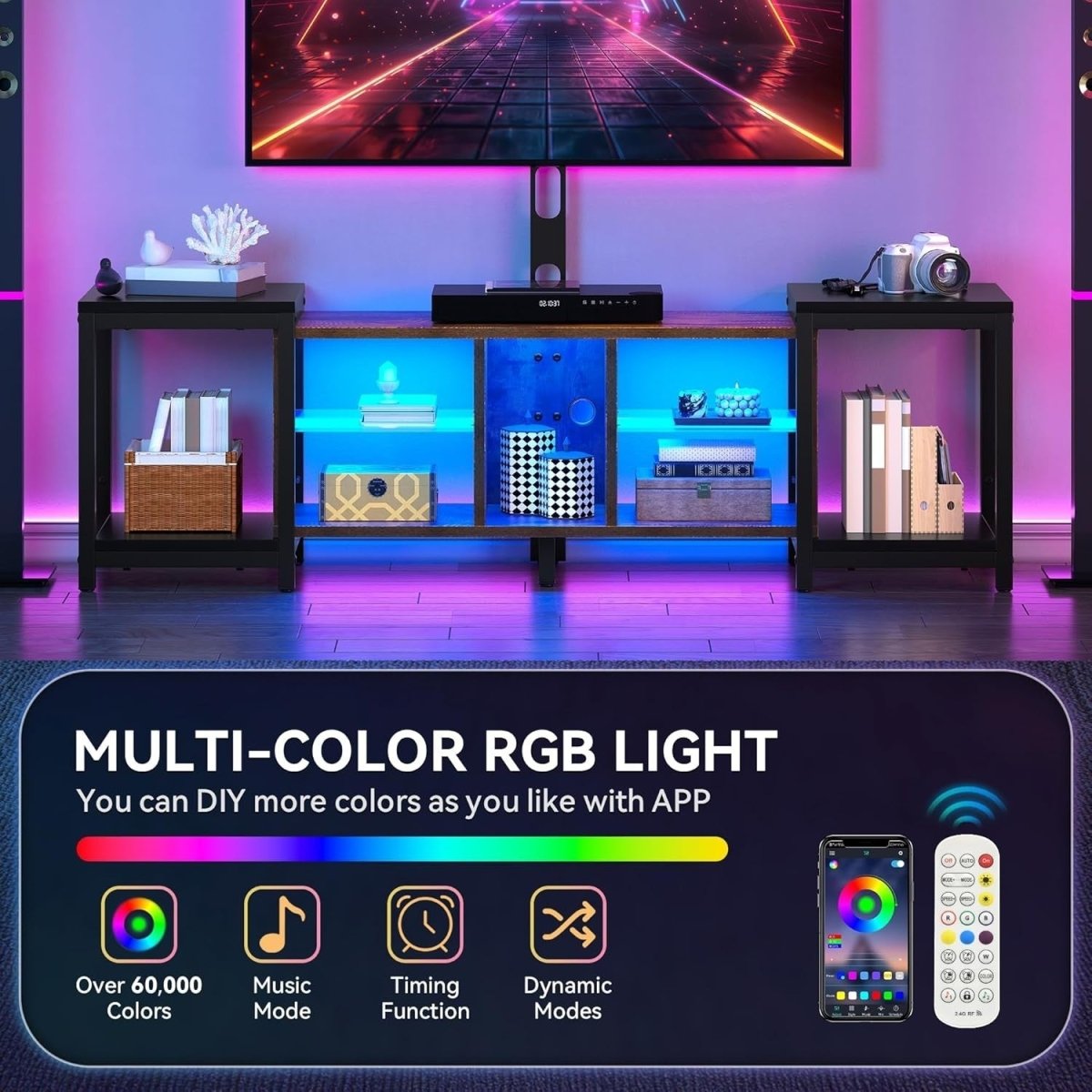 Adjustable TV Stand 70" RGB LED Lights Cabinet Storage Modern Unit - Kwikley