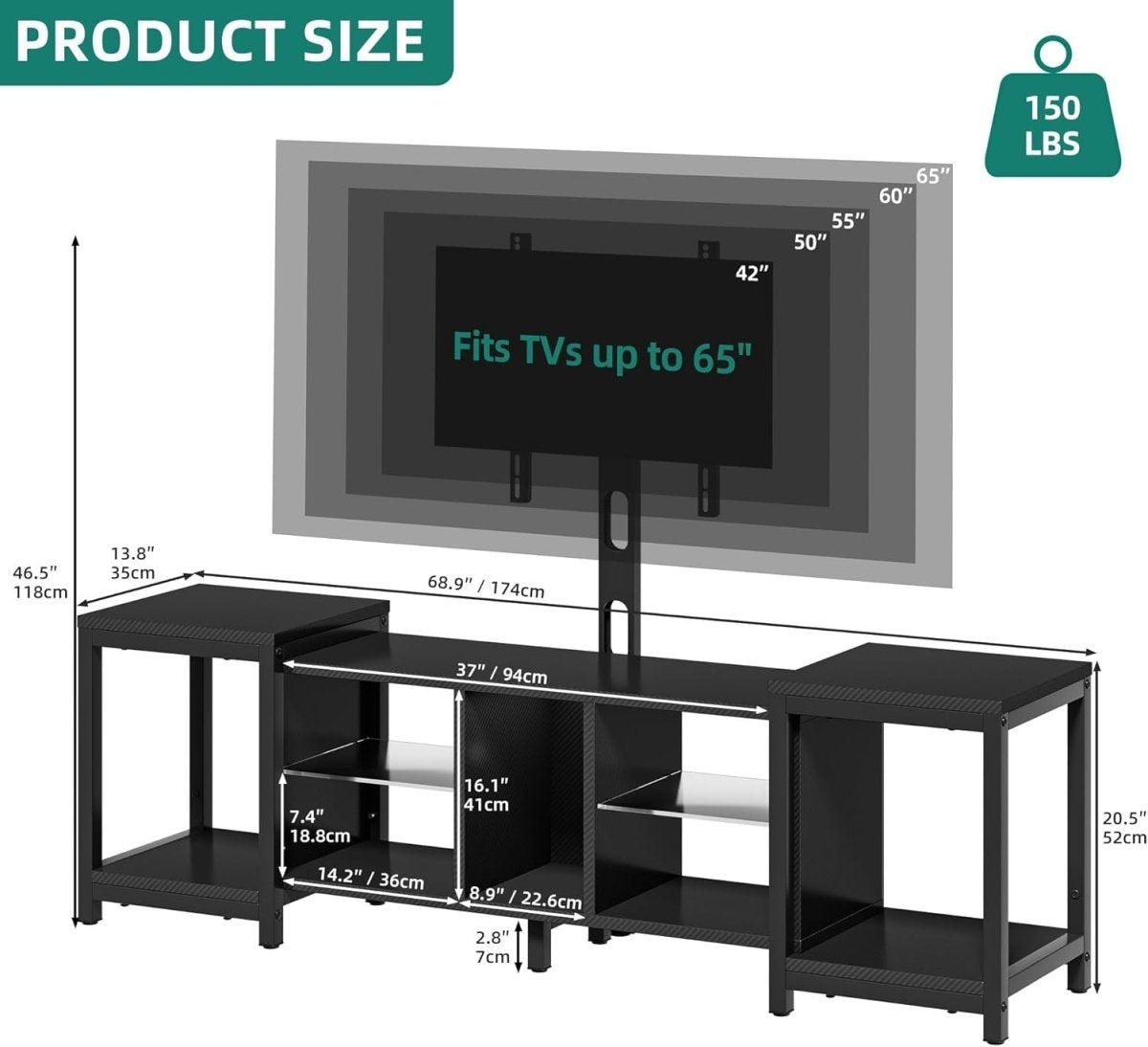 Adjustable TV Stand Cabinet 104-174cm for TVs up to 70" with LED Lights - Kwikley