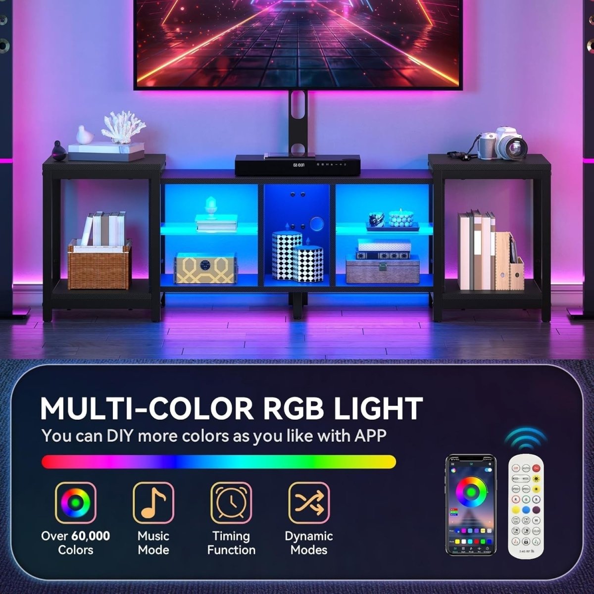 Adjustable TV Stand Cabinet 104-174cm for TVs up to 70" with LED Lights - Kwikley
