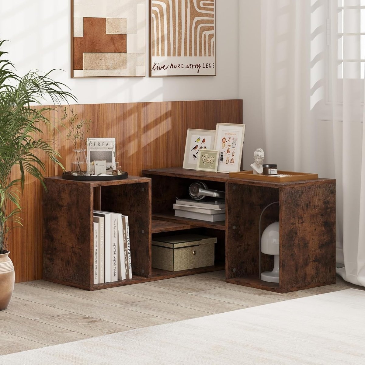 Adjustable TV Stand Cabinet 60" with L-Shaped Storage Shelves Rustic Brown - Kwikley