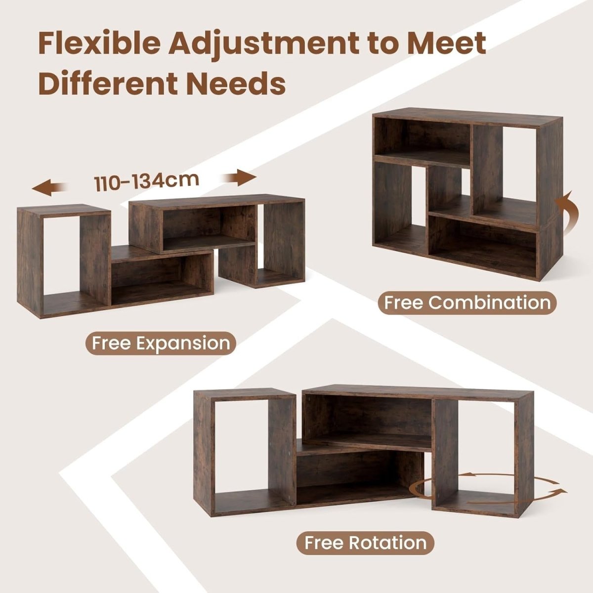 Adjustable TV Stand Cabinet 60" with L-Shaped Storage Shelves Rustic Brown - Kwikley