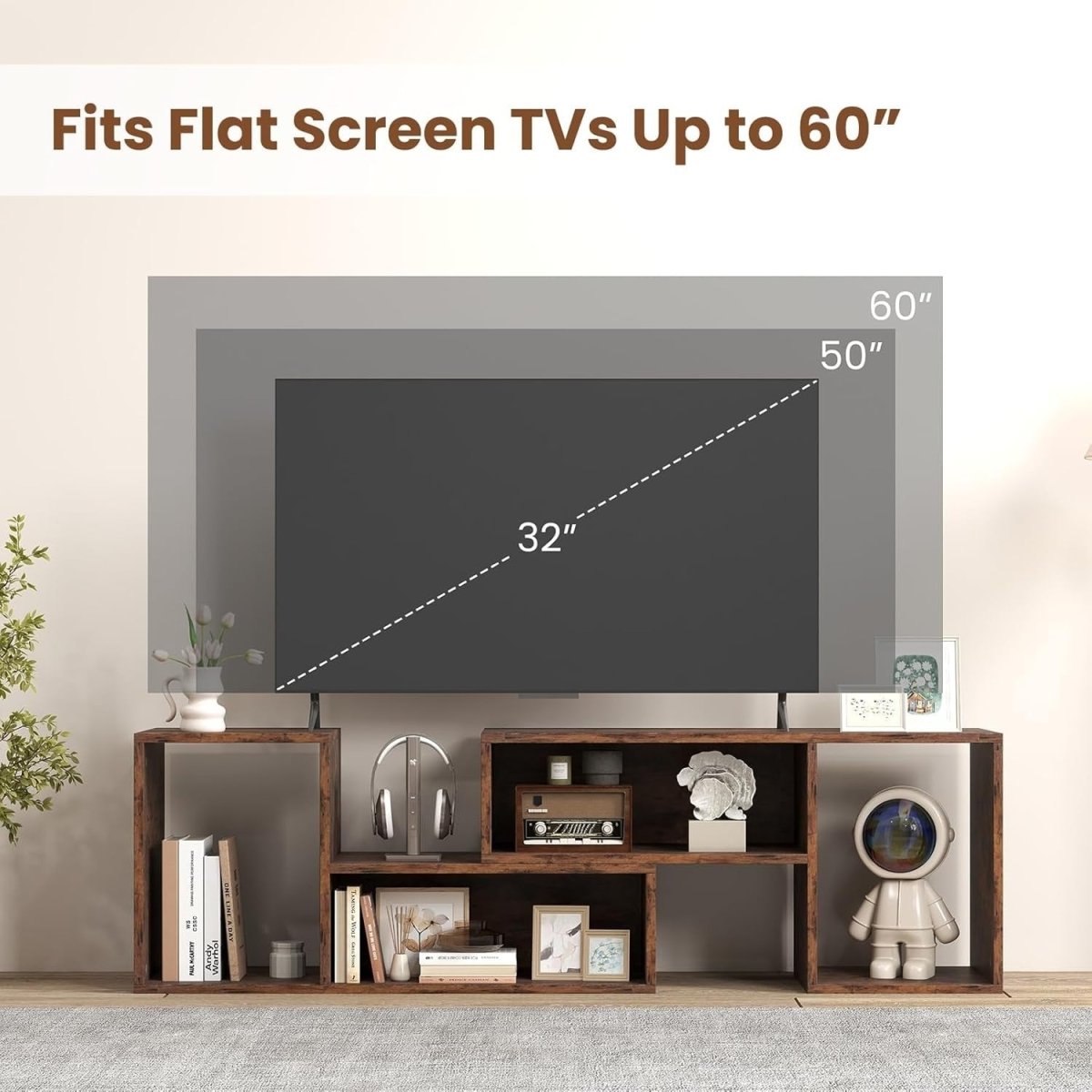 Adjustable TV Stand Cabinet 60" with L-Shaped Storage Shelves Rustic Brown - Kwikley