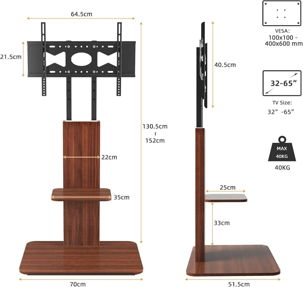 Adjustable Wood & Metal TV Floor Stand for 32 - 65" TVs with Cable Management - Kwikley