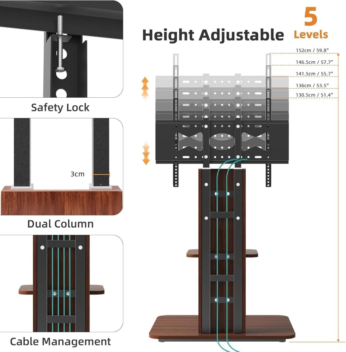 Adjustable Wood & Metal TV Floor Stand for 32 - 65" TVs with Cable Management - Kwikley