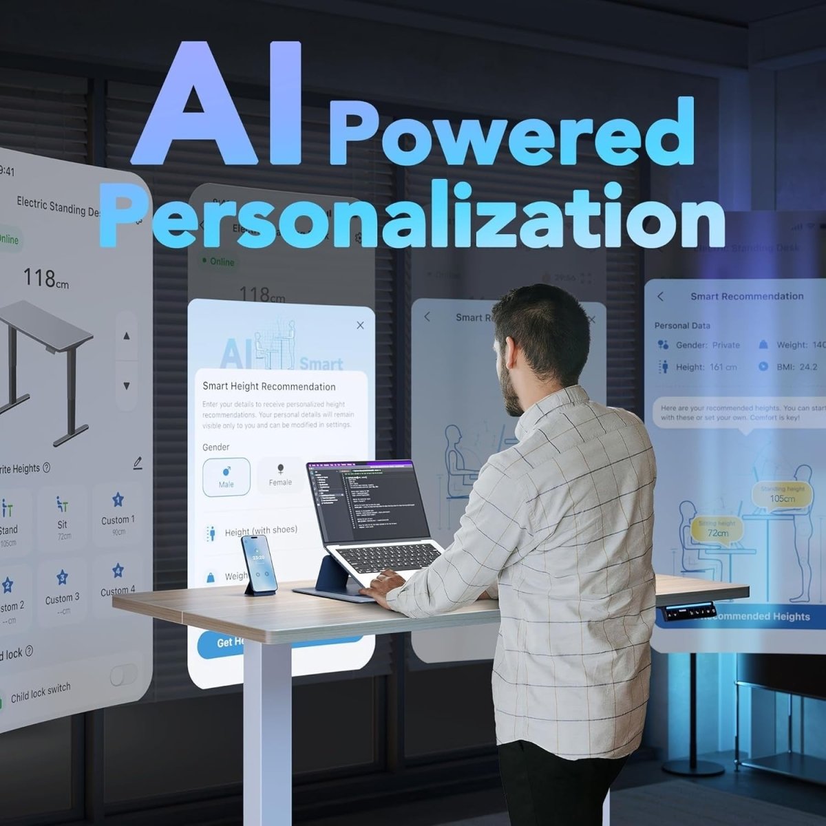 AI Electric Standing Desk Smart App Sit Stand Height Adjustable 80x48cm - Kwikley