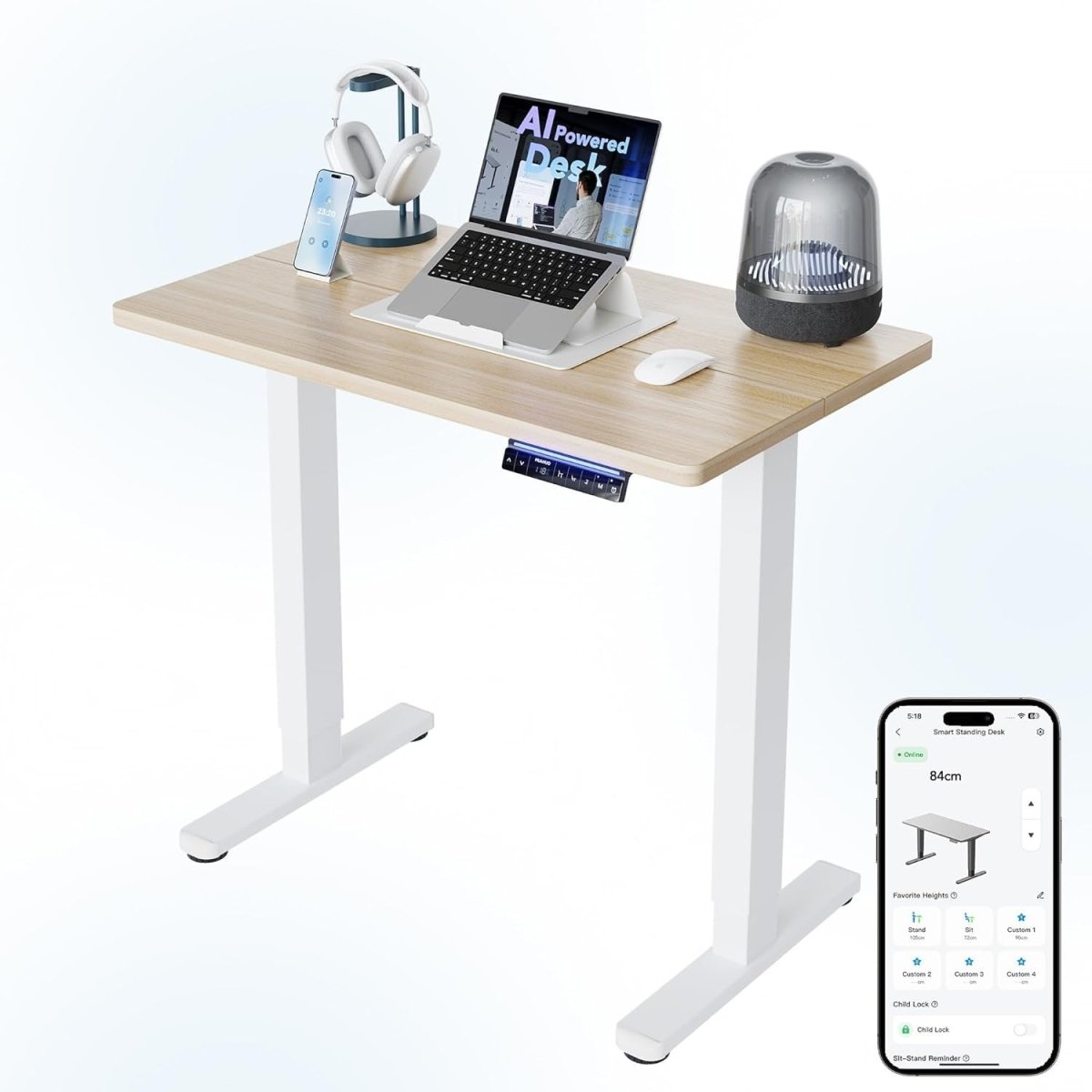 AI Electric Standing Desk Smart App Sit Stand Height Adjustable 80x48cm - Kwikley
