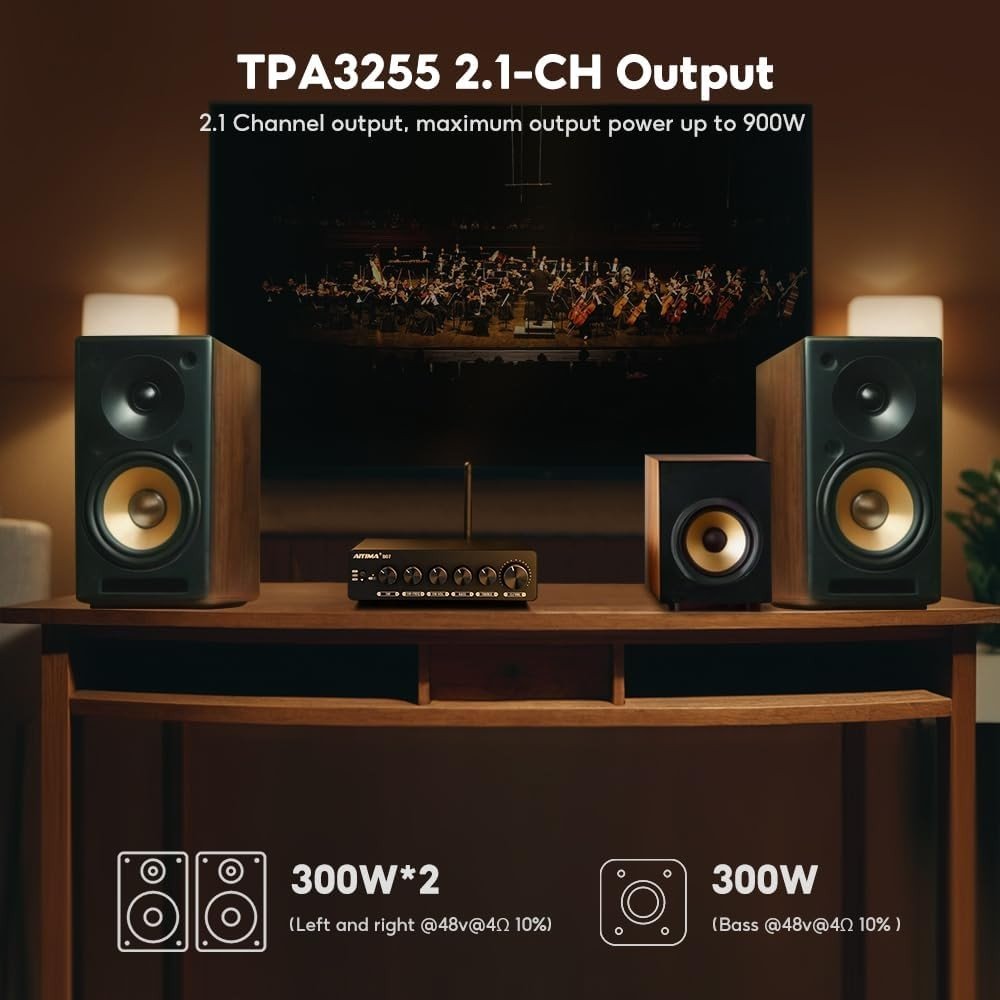 AIYIMA B07 Bluetooth 5.2 2.1 Channel Amplifier 300Wx2+300W Subwoofer - Kwikley