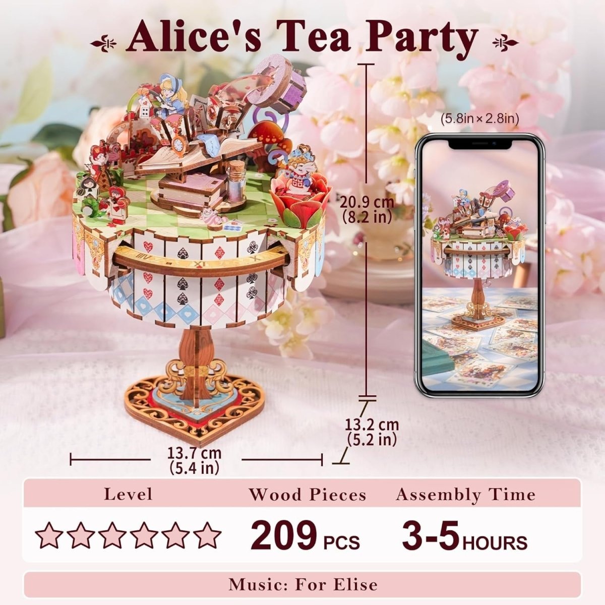 Alice Tea Party Music Box 3D Wooden Puzzle Rotating DIY Model - Kwikley