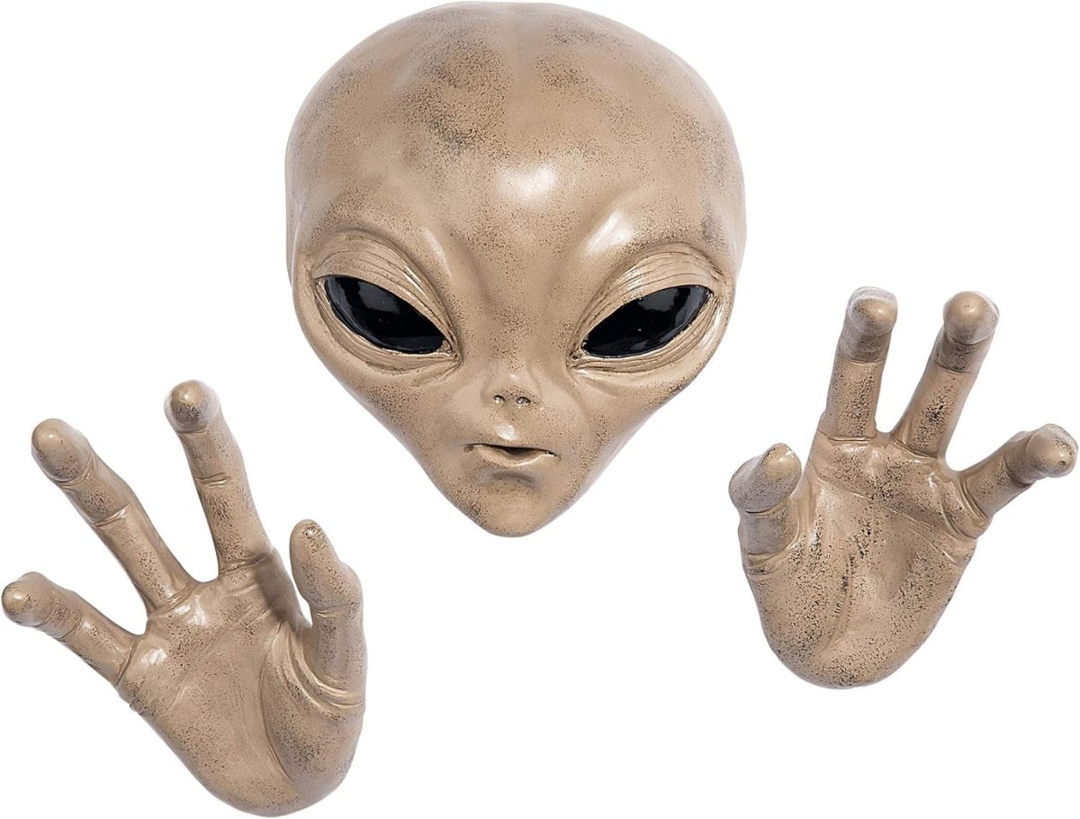 Alien Wall Sculpture Plaque 33cm 3D Head & Hands Decor - Kwikley