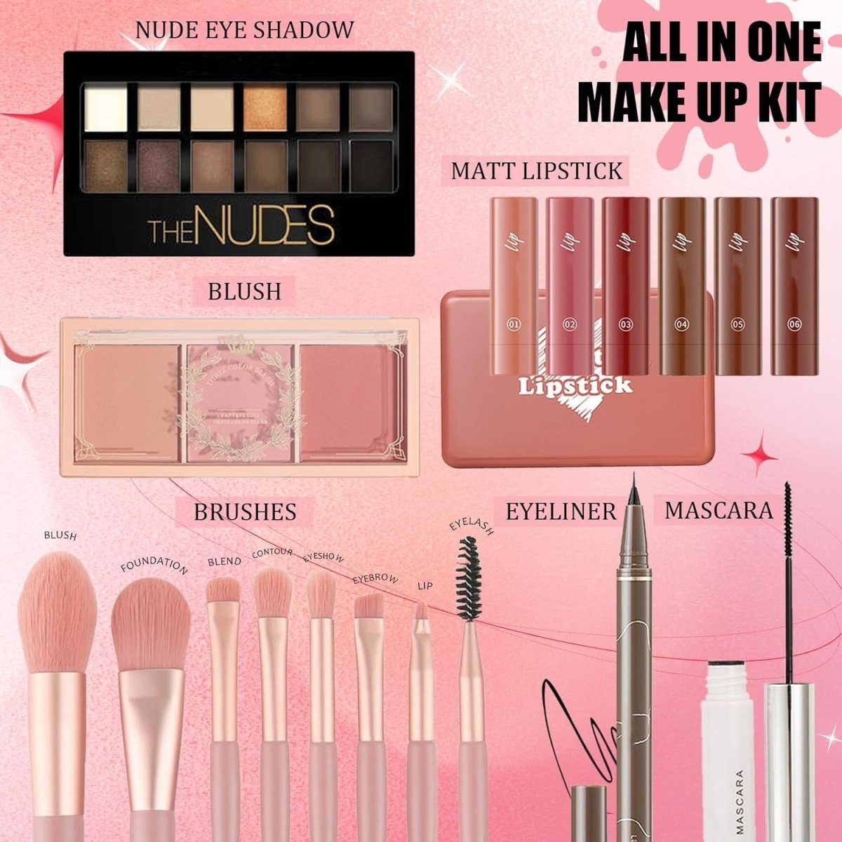 All In One Makeup Kit for Beginners 6 Lipsticks Blush Eyeshadow - Kwikley
