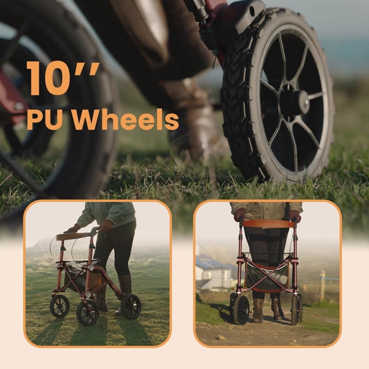 All Terrain Rollator Walker Folding Lightweight Seat 10in Wheels Bag - Kwikley