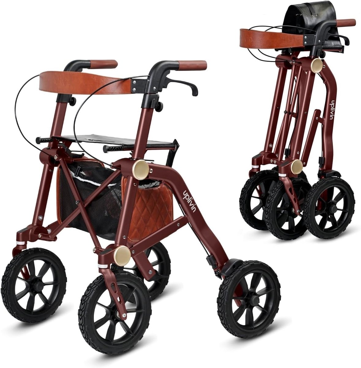 All Terrain Rollator Walker Folding Lightweight Seat 10in Wheels Bag - Kwikley