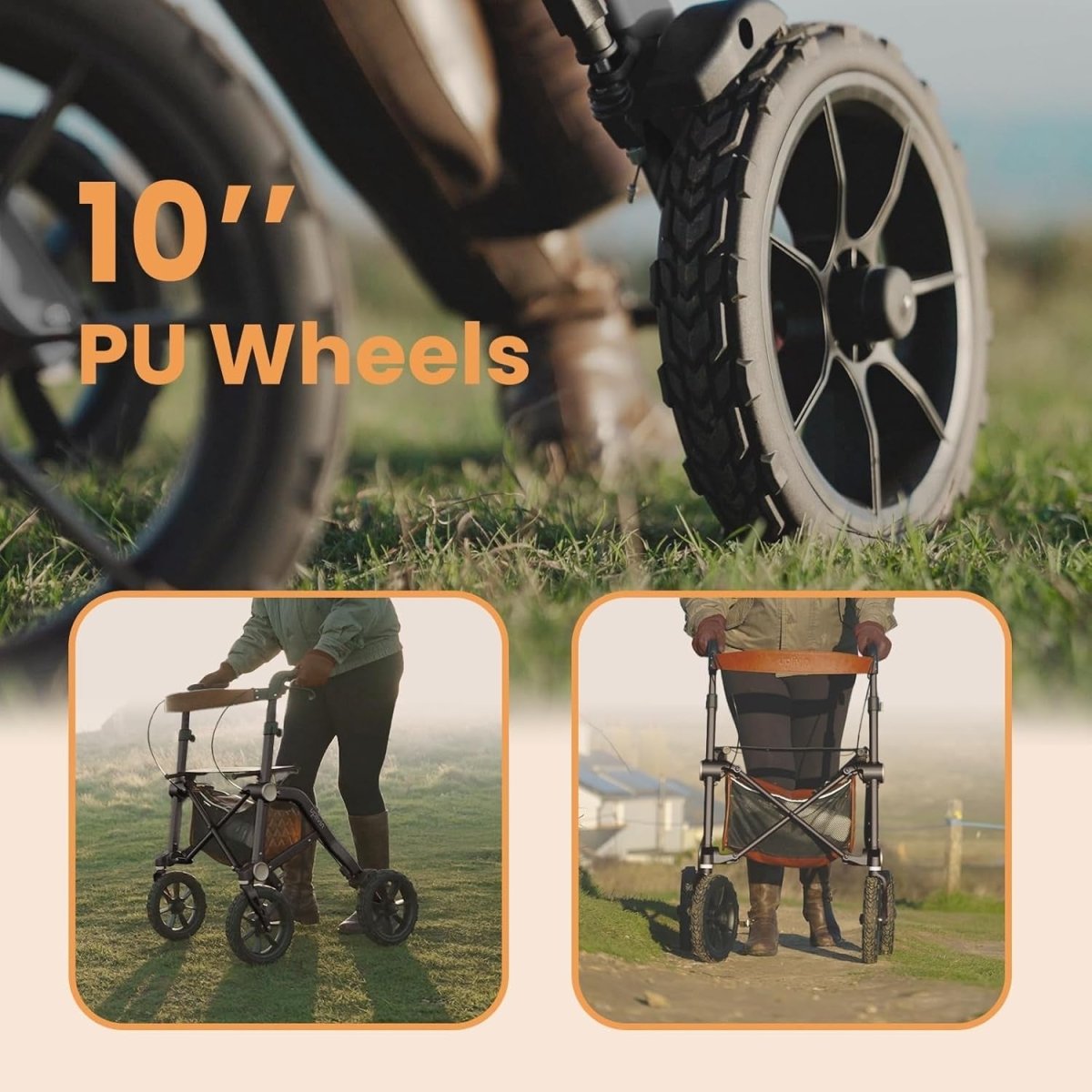 All Terrain Rollator Walker Folding Lightweight Seat 10in Wheels Black - Kwikley