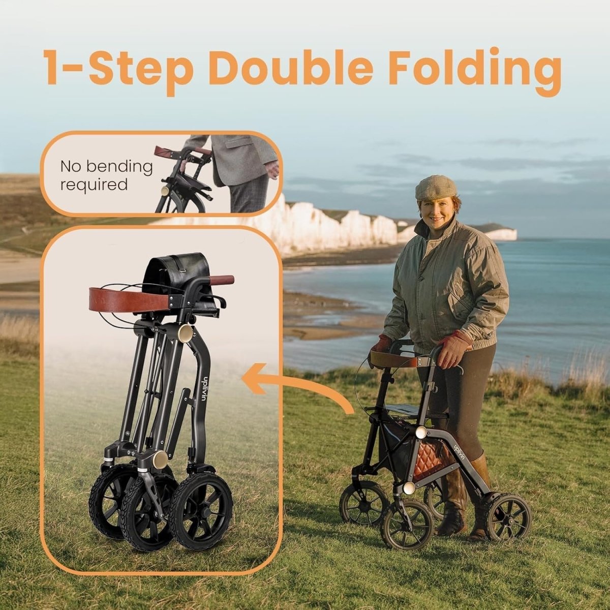 All Terrain Rollator Walker Folding Lightweight Seat 10in Wheels Black - Kwikley