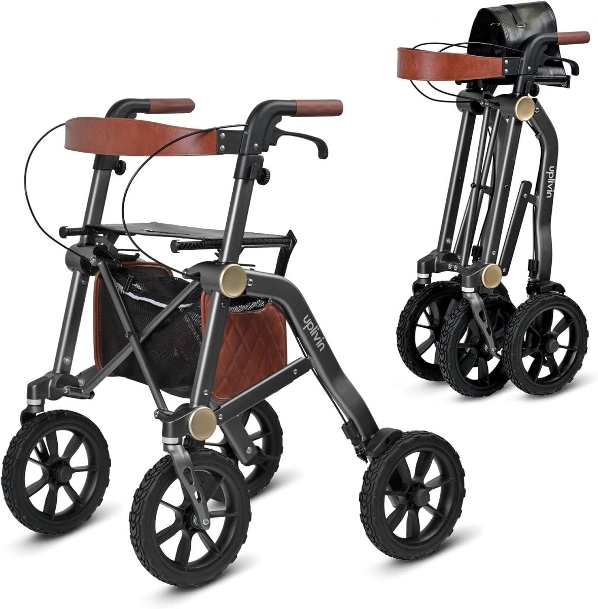 All Terrain Rollator Walker Folding Lightweight Seat 10in Wheels Black - Kwikley