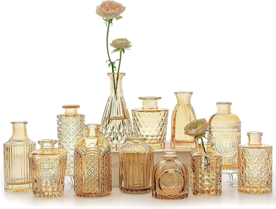 Amber Glass Bud Vases Set 12 Vintage Mini Flower Vases Wedding Table Decor - Kwikley