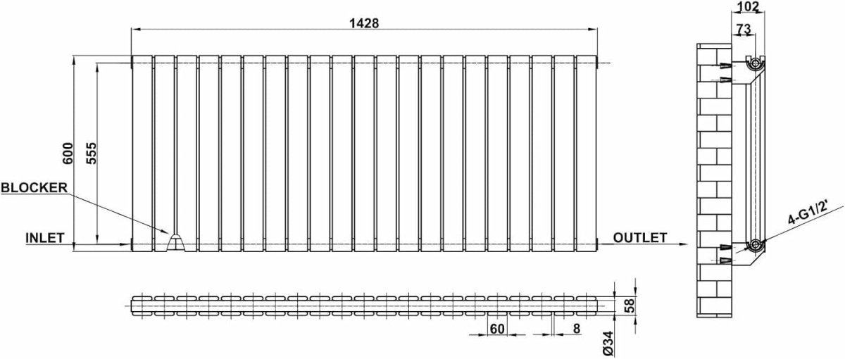 Anthracite Horizontal Radiator 600x1428mm Double Flat Panel Modern - Kwikley