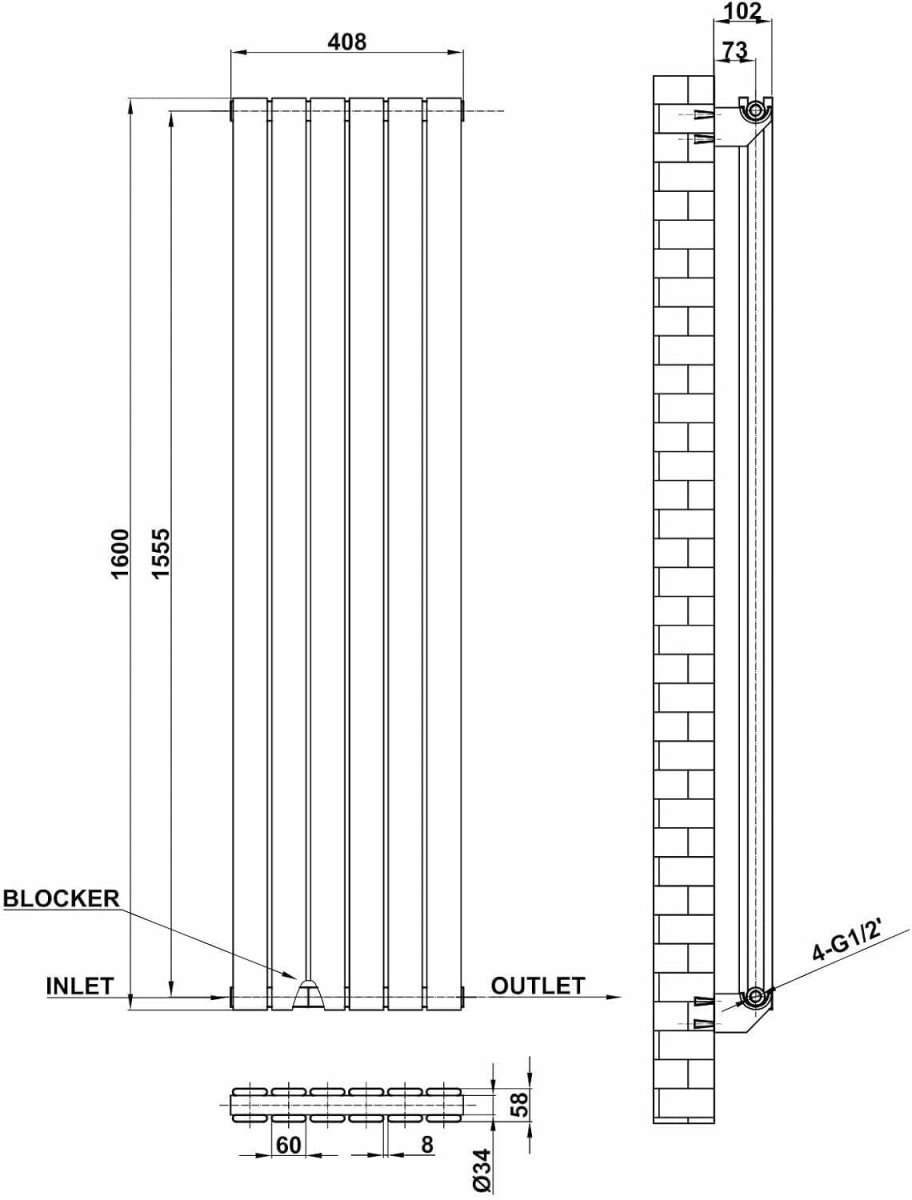 Anthracite Vertical Radiator 1600x408mm Double Flat Panel Modern - Kwikley