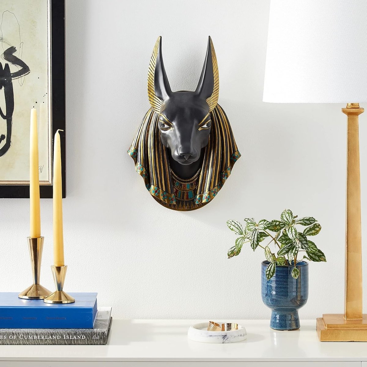 Anubis Egyptian Wall Sculpture 38cm Black Gold Resin Bust - Kwikley