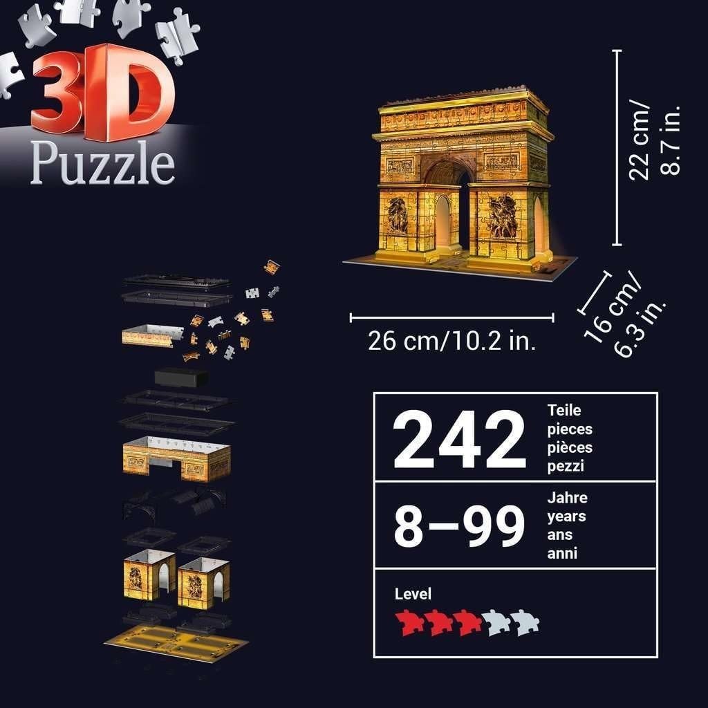 Arc Monument 3D Puzzle Night Edition LED Light Model 216 Pieces - Kwikley