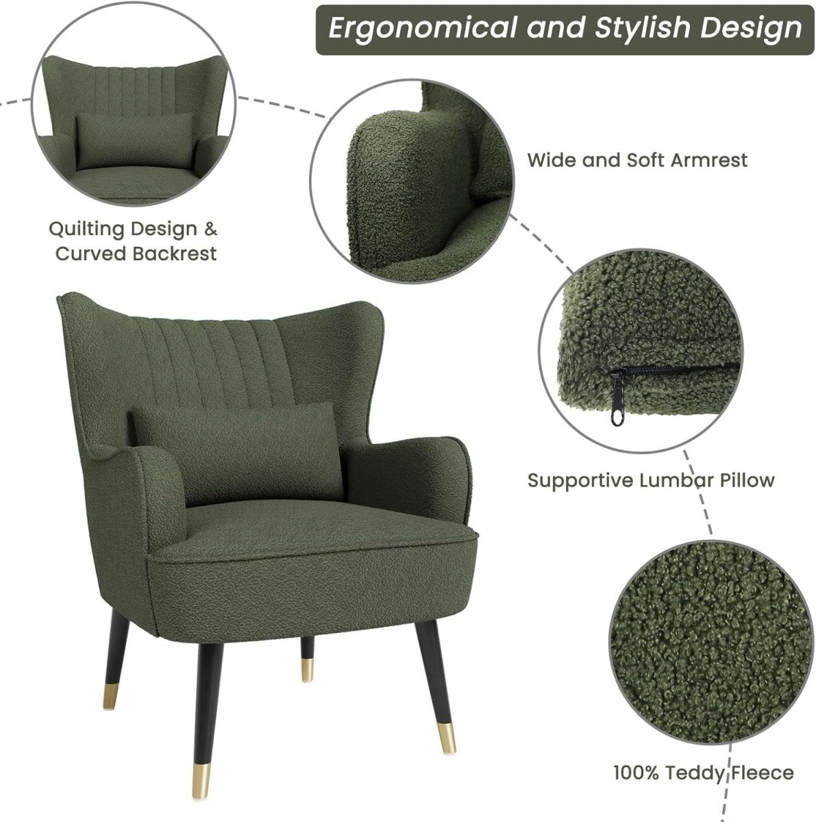 Army Green Teddy Fleece Wing Back Accent Lounge Chair - Kwikley