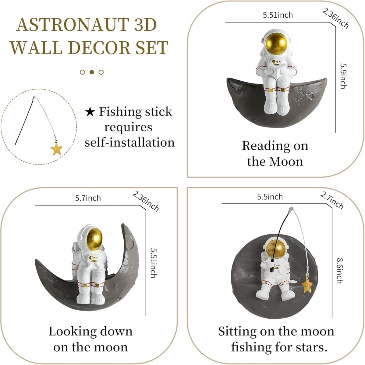Astronaut Wall Decor Set of 3 3D Space Sculptures - Kwikley