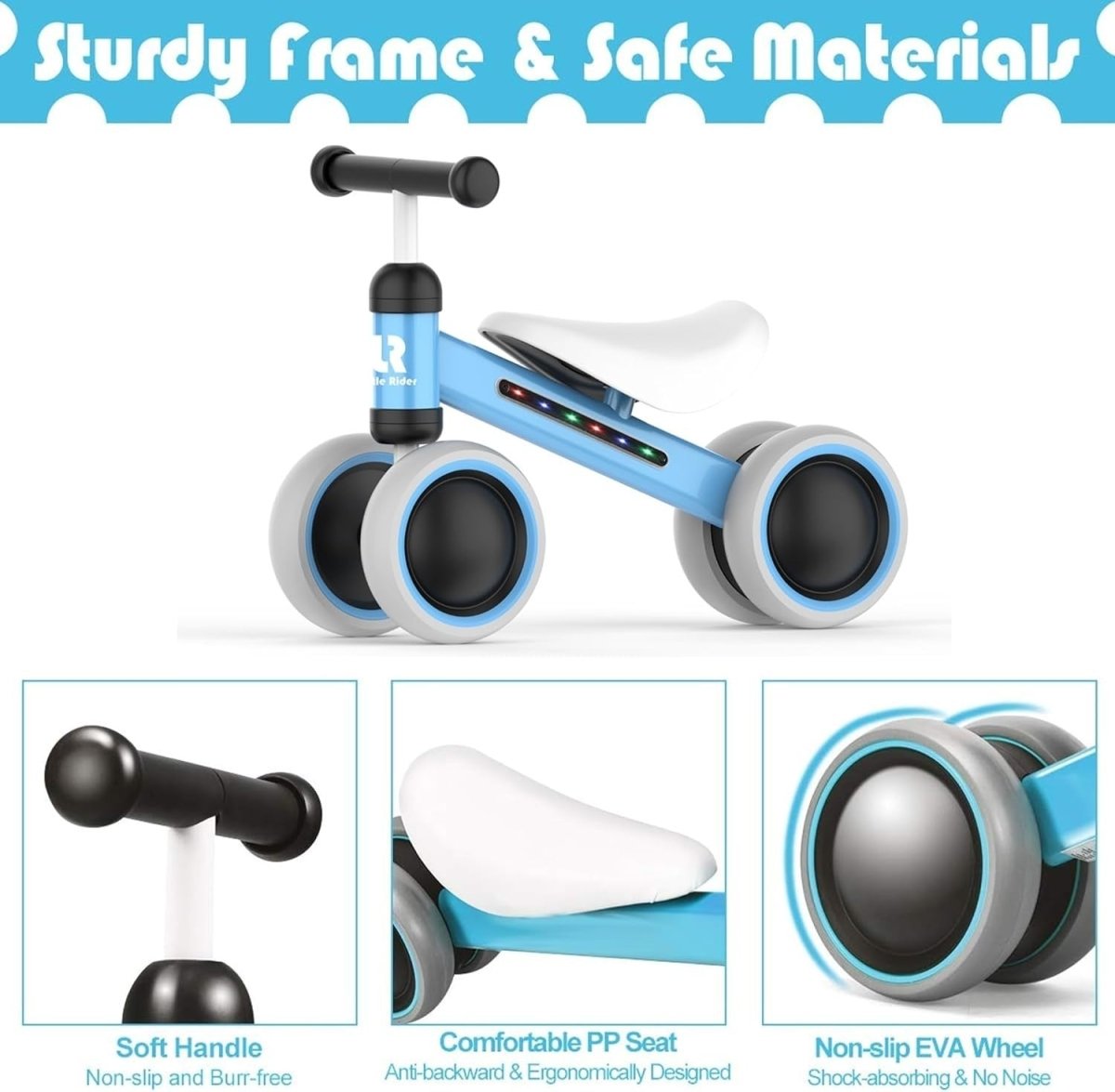 Baby Balance Bike 4 Wheel Toddler Ride On Walker LED Lights Age 9-24M - Kwikley