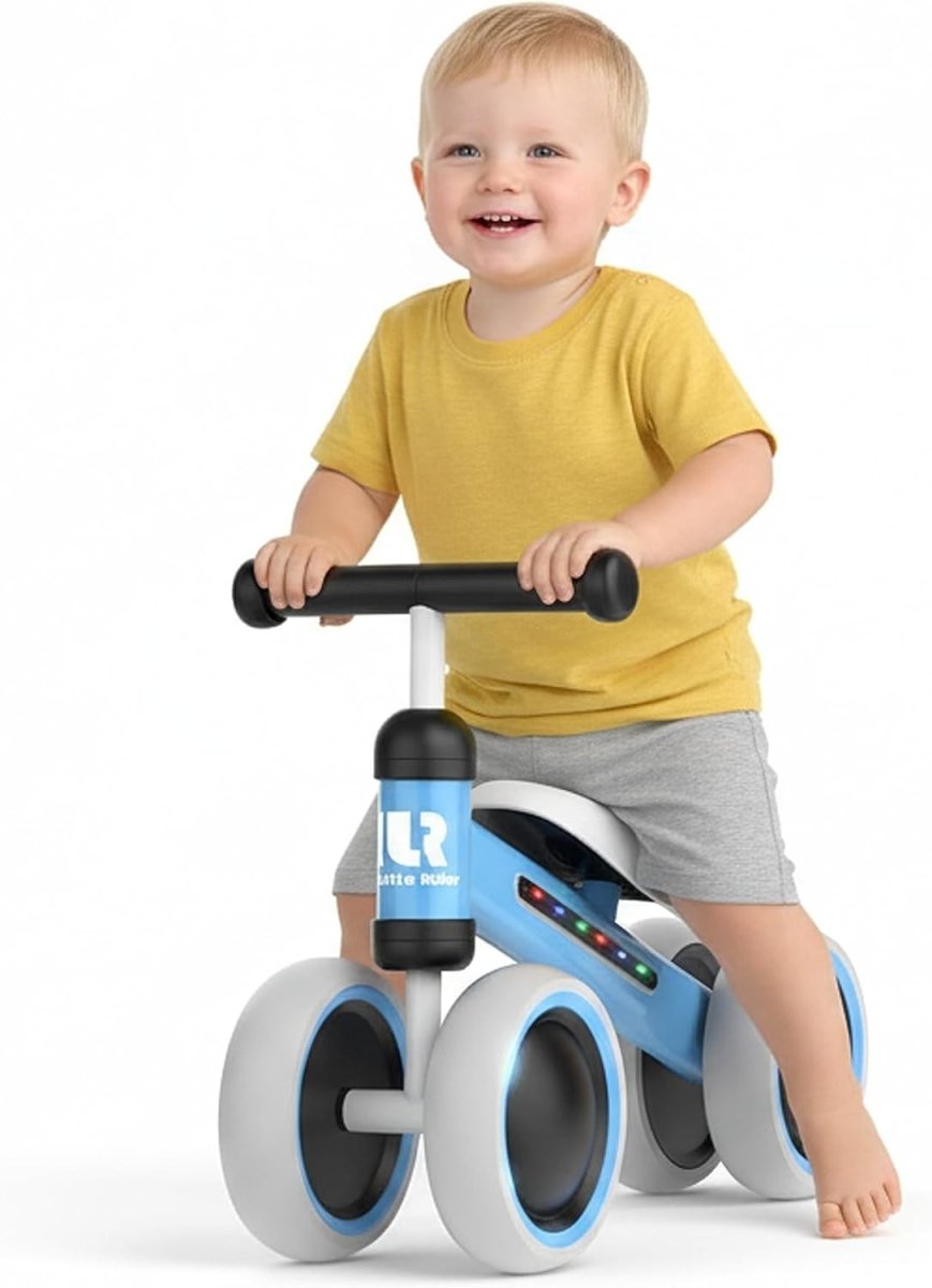 Baby Balance Bike 4 Wheel Toddler Ride On Walker LED Lights Age 9-24M - Kwikley