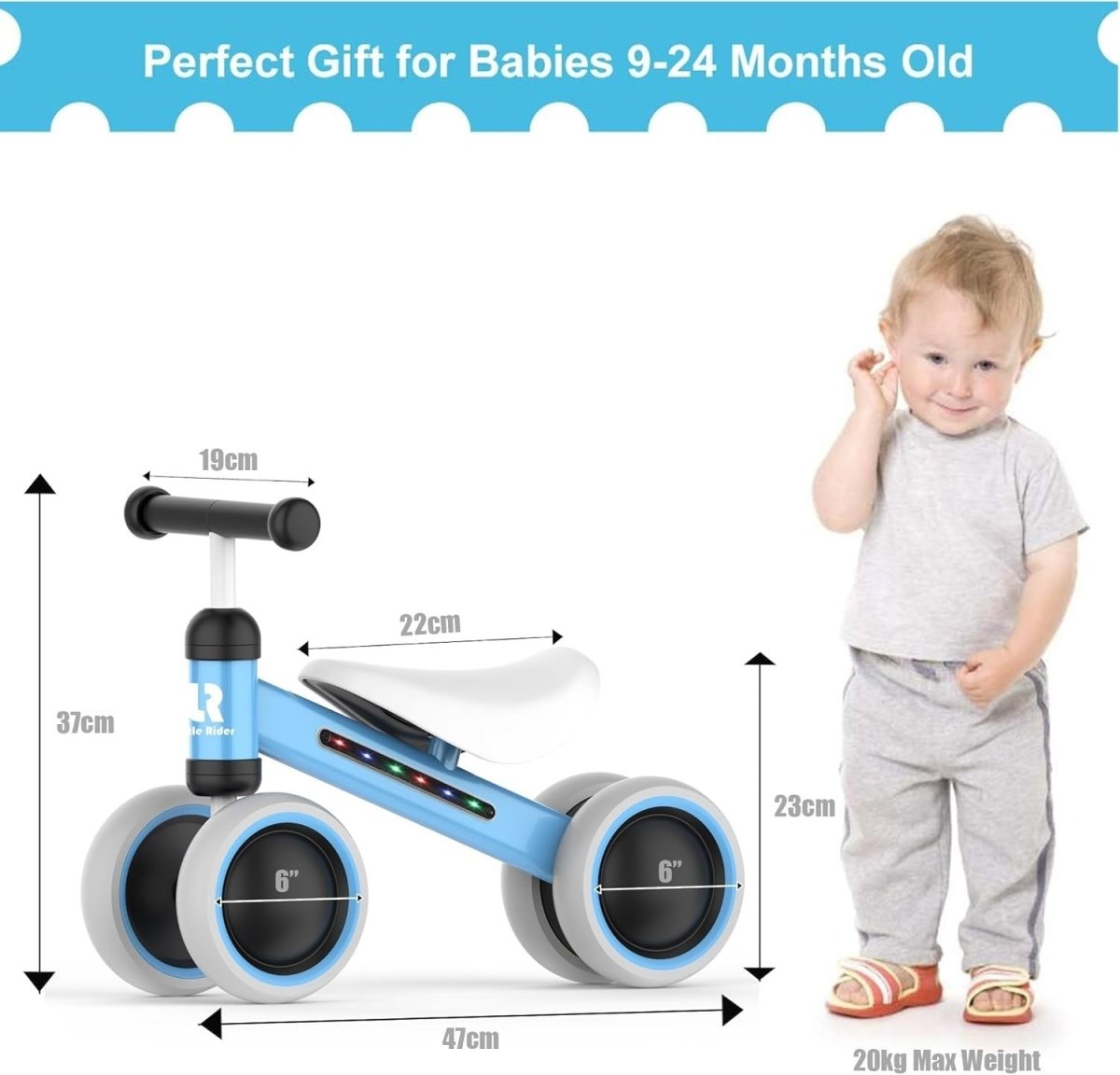 Baby Balance Bike 4 Wheel Toddler Ride On Walker LED Lights Age 9-24M - Kwikley