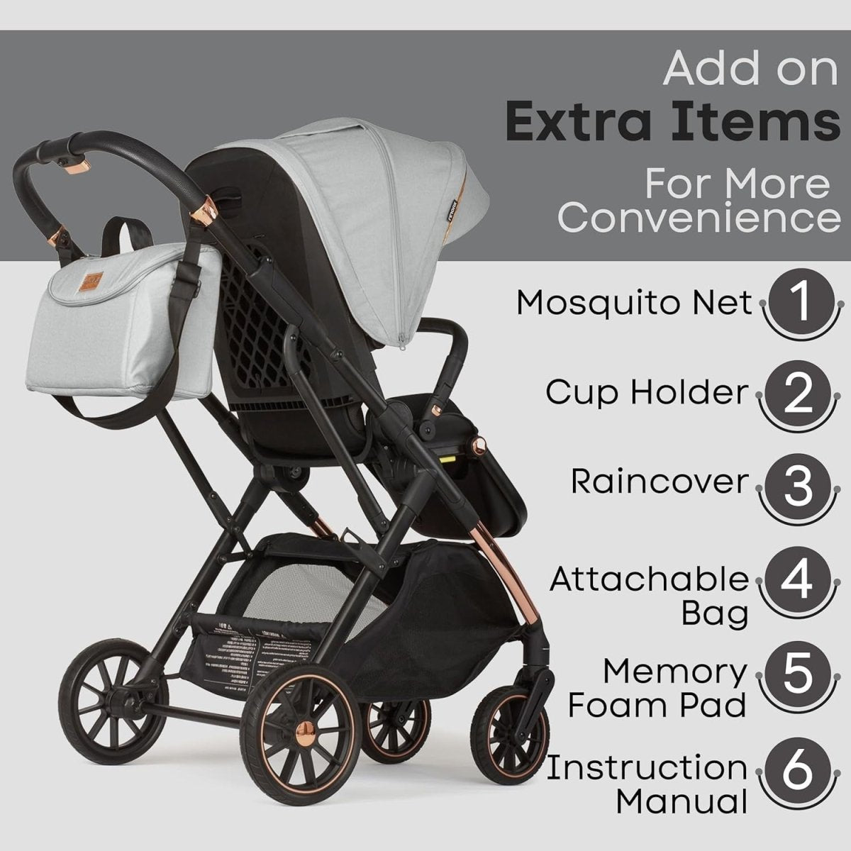 Baby Pushchair Reclining Seat Smooth Suspension Compact Stroller Light Grey - Kwikley