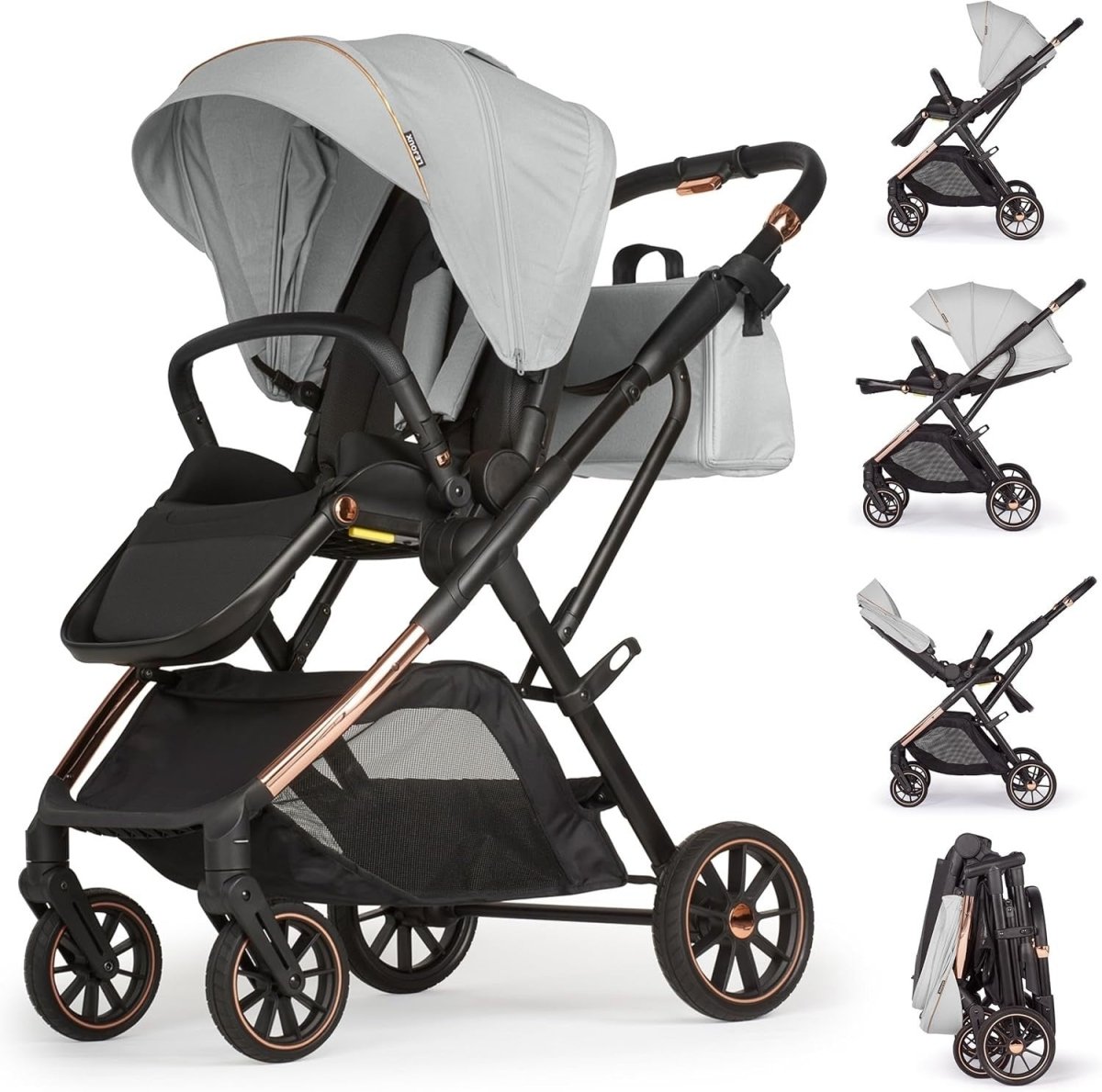 Baby Pushchair Reclining Seat Smooth Suspension Compact Stroller Light Grey - Kwikley