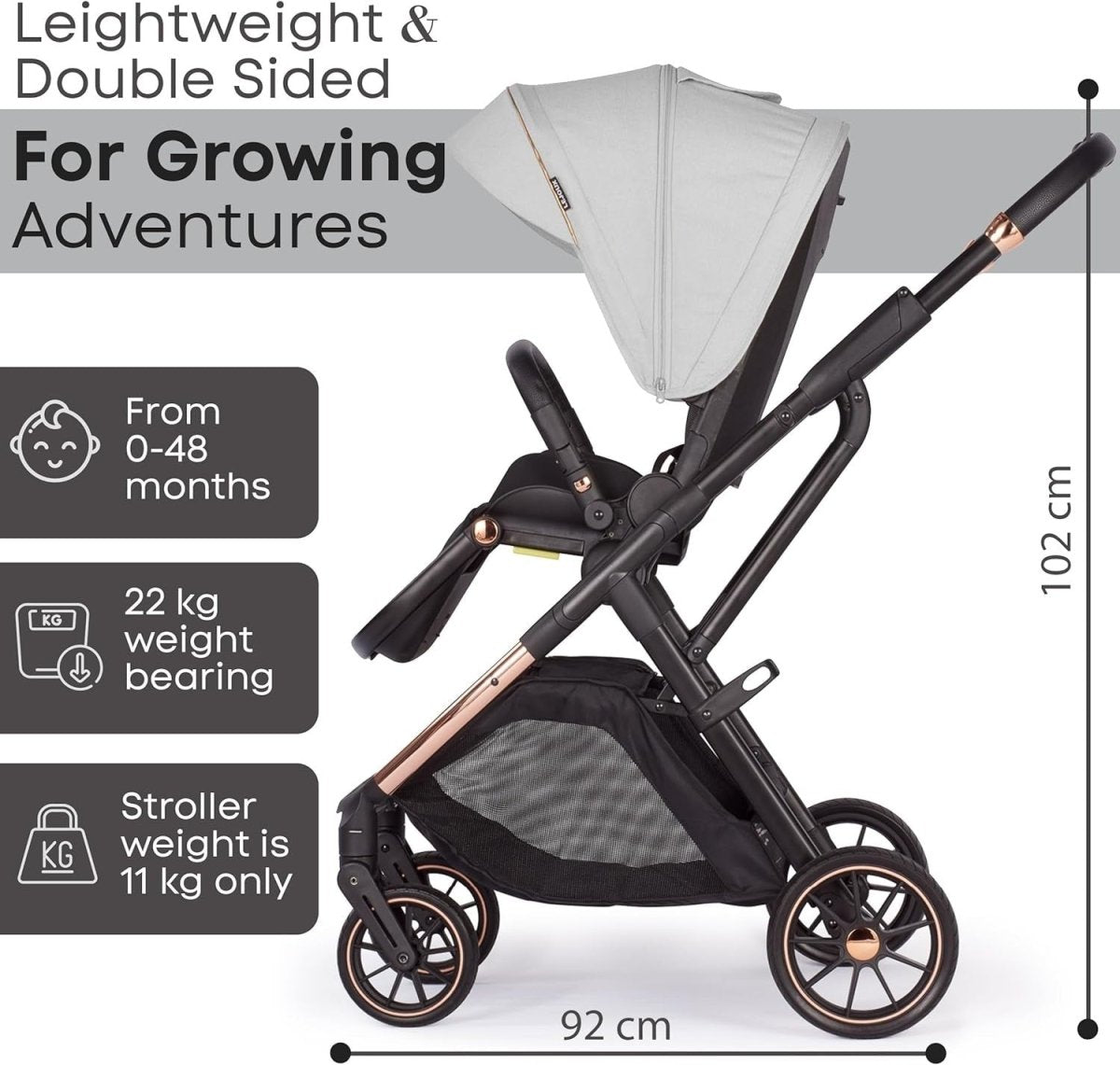 Baby Pushchair Reclining Seat Smooth Suspension Compact Stroller Light Grey - Kwikley