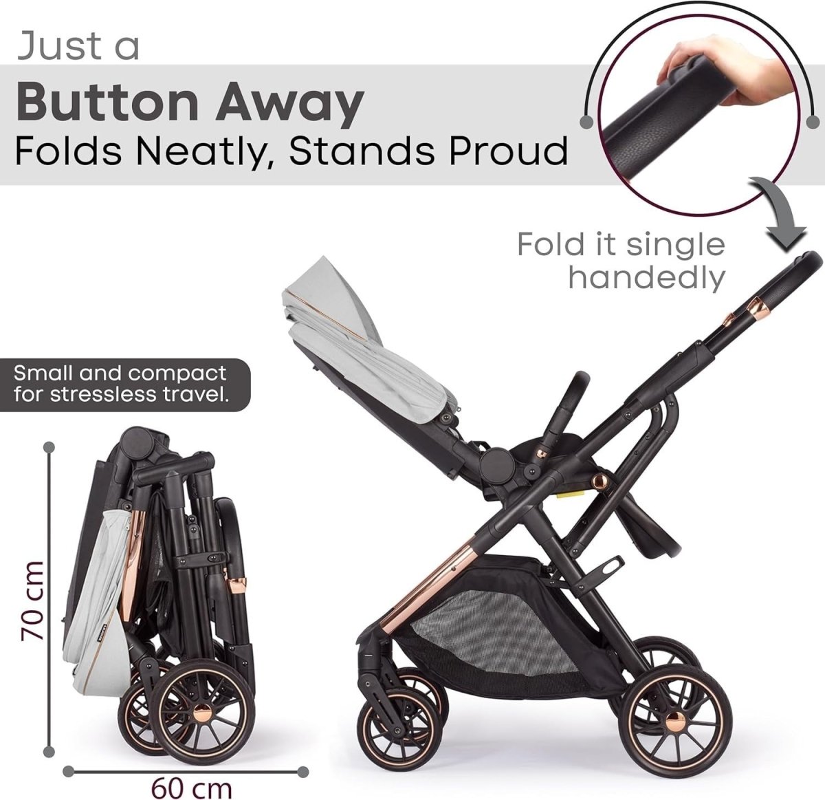 Baby Pushchair Reclining Seat Smooth Suspension Compact Stroller Light Grey - Kwikley
