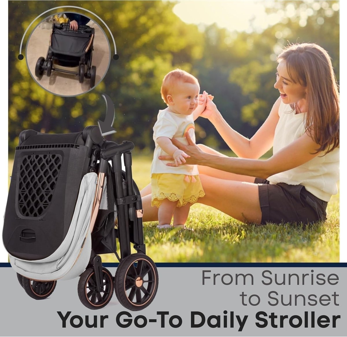 Baby Pushchair Reclining Seat Smooth Suspension Compact Stroller Light Grey - Kwikley
